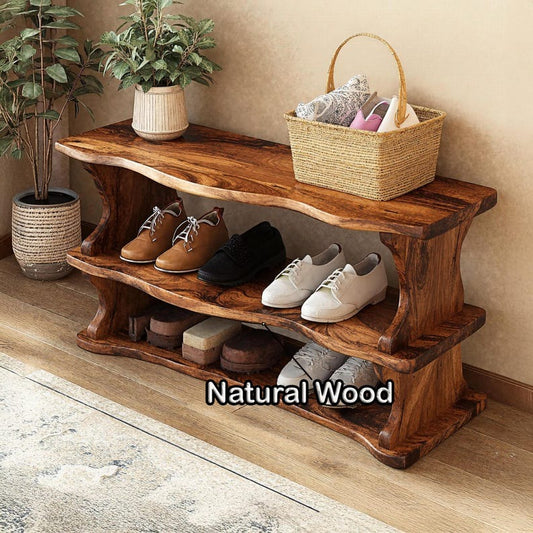 Farmhouse Solid Wood Shoe Bench – Mid-Century Entryway Shoe Rack & Storage Organizer