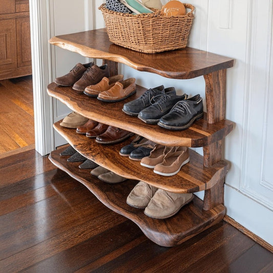 Handcrafted Solid Wood Shoe Bench – Mid-Century Narrow Entryway Shoe Rack & Storage Organizer