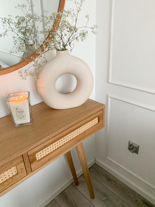 Natural Rattan Cane Console Table with Wooden Legs | Viennese Style Entryway Console