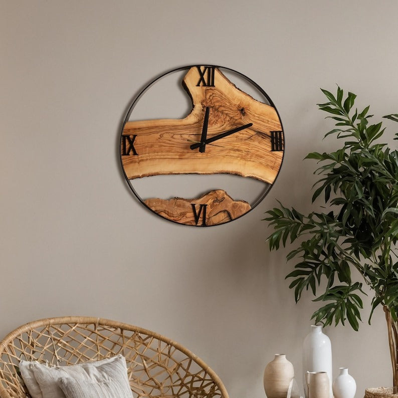 Sheesham Wood Clock with Metal Frame, Live Edge Wall Clock, Rustic Wall Decor, Unique Home Decor, Bedroom Decor