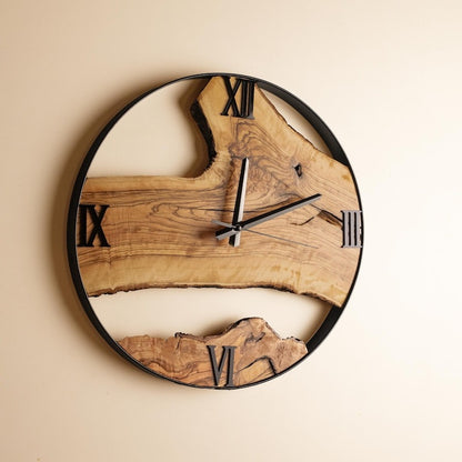 Sheesham Wood Clock with Metal Frame, Live Edge Wall Clock, Rustic Wall Decor, Unique Home Decor, Bedroom Decor