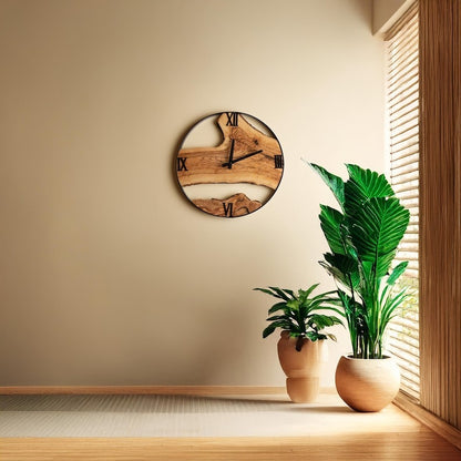 Sheesham Wood Clock with Metal Frame, Live Edge Wall Clock, Rustic Wall Decor, Unique Home Decor, Bedroom Decor