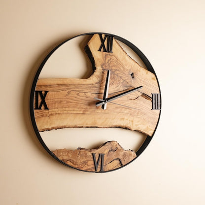 Sheesham Wood Clock with Metal Frame, Live Edge Wall Clock, Rustic Wall Decor, Unique Home Decor, Bedroom Decor
