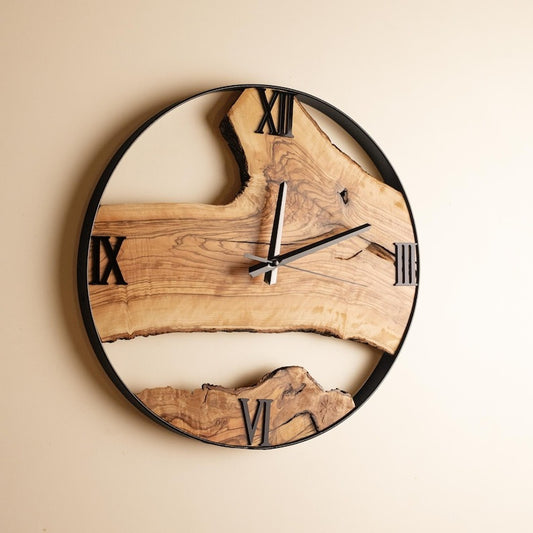 Sheesham Wood Clock with Metal Frame, Live Edge Wall Clock, Rustic Wall Decor, Unique Home Decor, Bedroom Decor