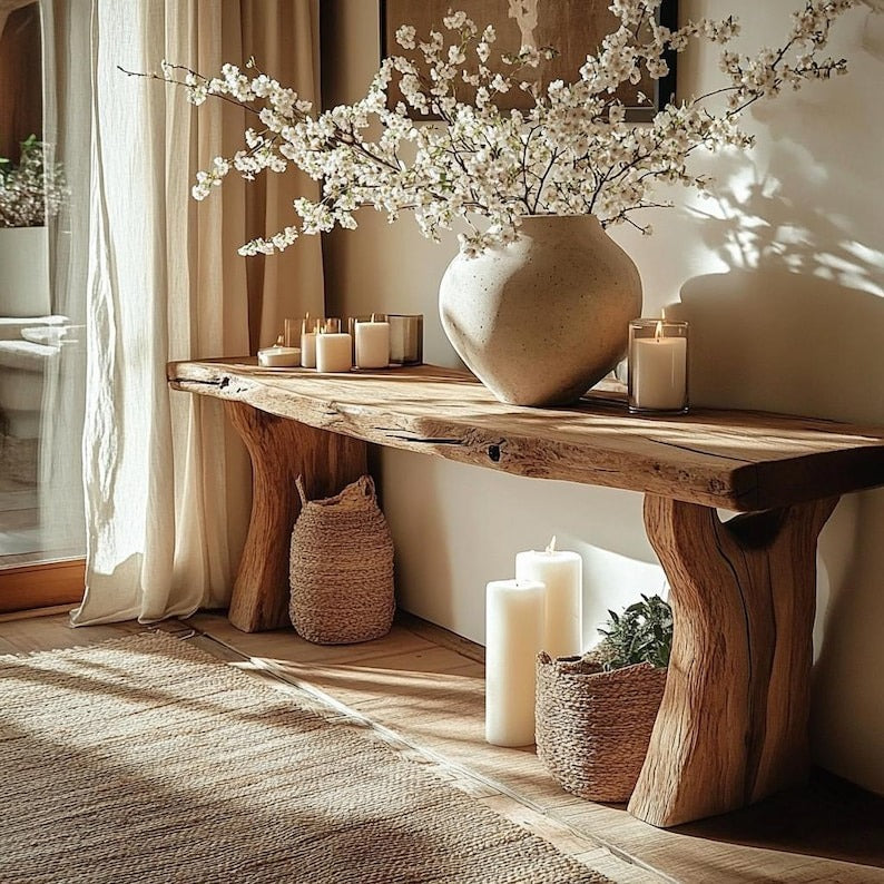 Rustic Live Edge Entryway Bench – Solid Wood Console Table with Shoe Rack, Farmhouse Hallway Drop Zone Seating