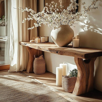 Rustic Live Edge Entryway Bench – Solid Wood Console Table with Shoe Rack, Farmhouse Hallway Drop Zone Seating