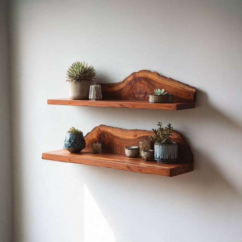Live Edge Floating Shelf – Custom Handmade Wood Shelves, Rustic Wall Décor, Plant & Display Bookshelf Gift