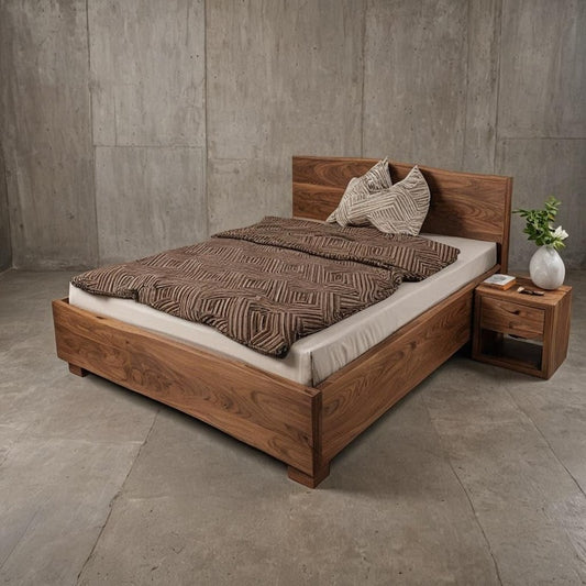 Solid Sheesham Wood Bed Frame with Natural Live Edge Headboard – Handmade Rustic Modern Bedroom Furniture