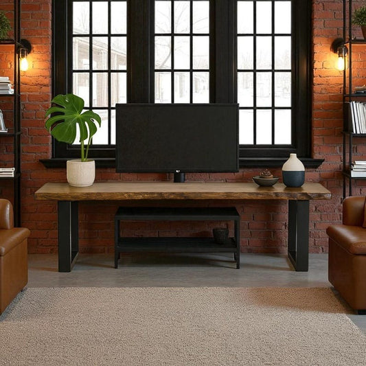 Live Edge Wood TV Stand with Metal Legs Rustic Solid Wood Media Console