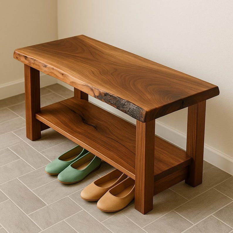 Live Edge Sheesham Wood Entryway Bench with Shoe Storage – Handmade Solid Wood Hallway Seating with Lower Shelf, Rustic Modern Furniture