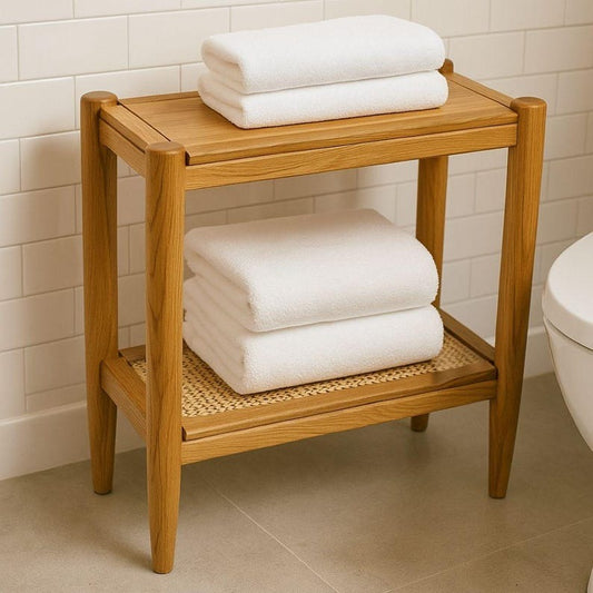 End Table with Rattan Shelf Minimalist Wooden Side Table for Bathroom