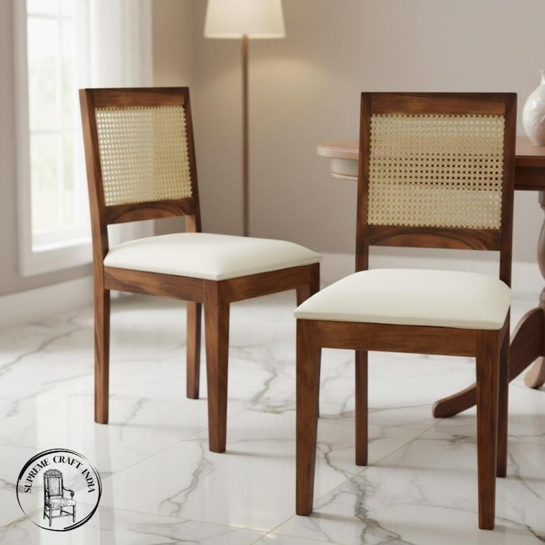 Handcrafted Solid Wood Dining Chairs with Cane Backrest