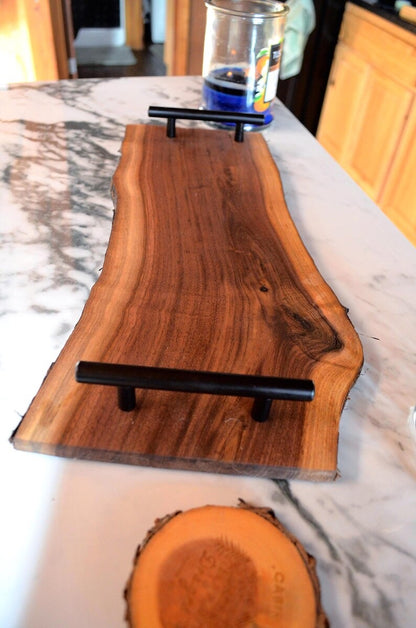 Handmade Black Sheesham Live Edge Serving Tray with Metal Handles – Rustic Solid Wood Platter