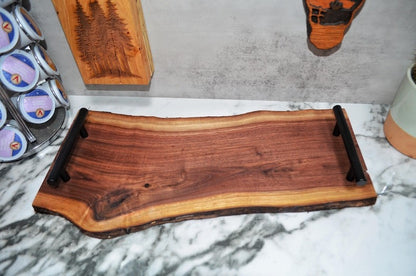 Handmade Black Sheesham Live Edge Serving Tray with Metal Handles – Rustic Solid Wood Platter