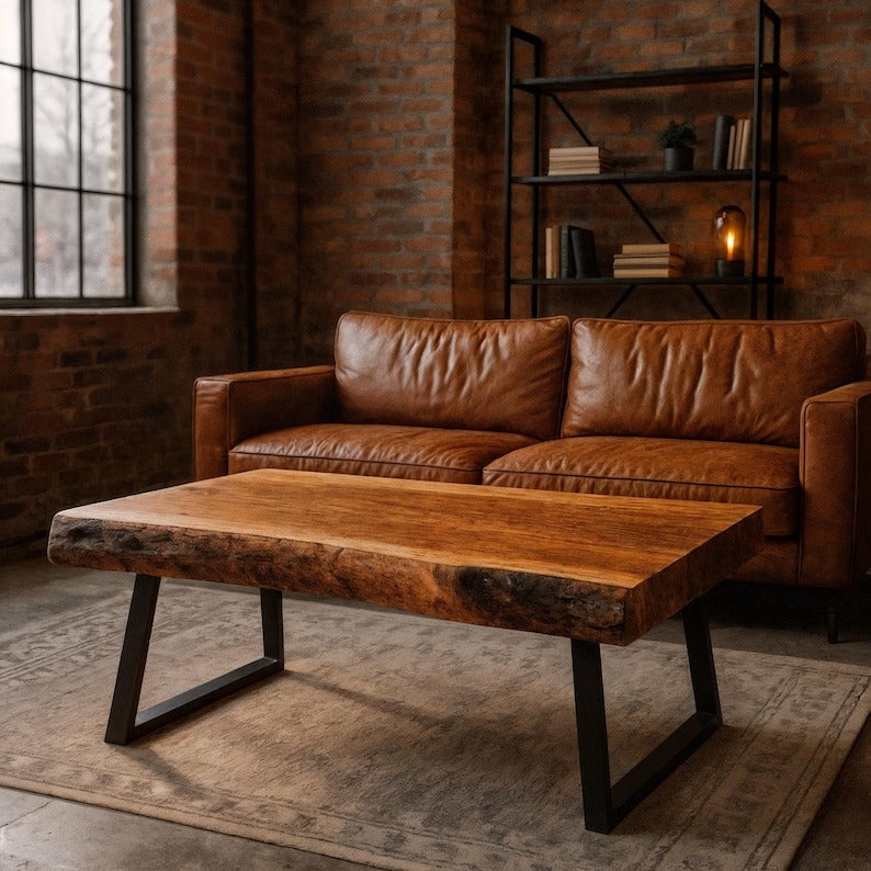 Handmade Live Edge Wooden Coffee Table – Natural Solid Wood Slab & Metal Hairpin Legs