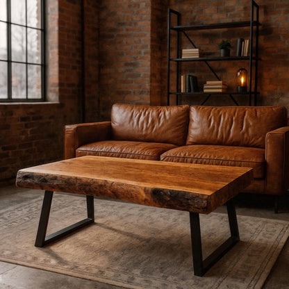 Handmade Live Edge Wooden Coffee Table – Natural Solid Wood Slab & Metal Hairpin Legs