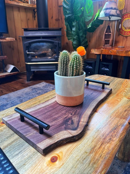 Handmade Black Sheesham Live Edge Serving Tray with Metal Handles – Rustic Solid Wood Platter