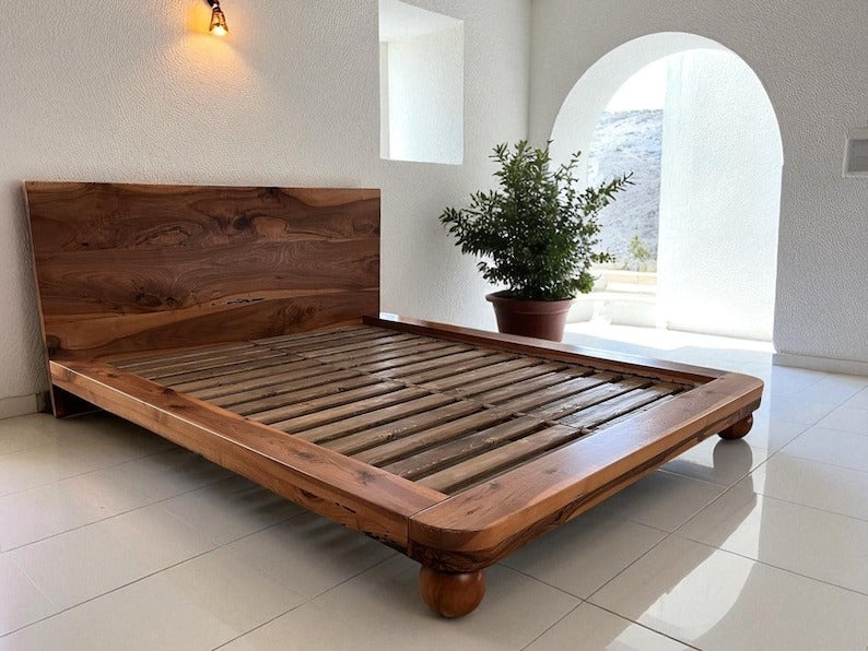 Solid Sheesham Wood Bed Frame – Custom Handmade Platform Bed, Rustic Modern Bedroom Furniture