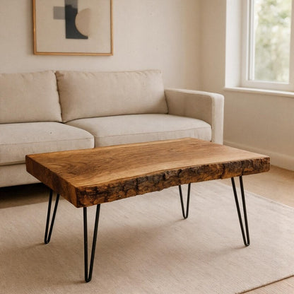 Handmade Live Edge Wooden Coffee Table – Natural Solid Wood Slab & Metal Hairpin Legs