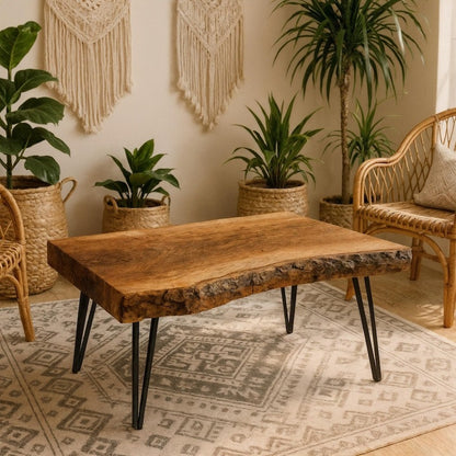 Handmade Live Edge Wooden Coffee Table – Natural Solid Wood Slab & Metal Hairpin Legs