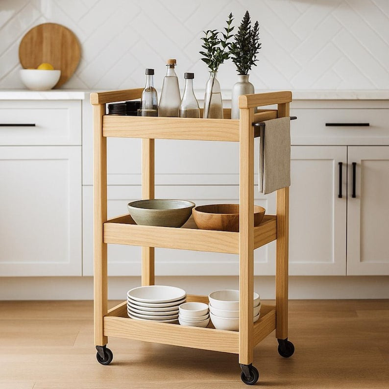 Slim Kitchen Rolling Cart – Three-Shelf Wooden Trolley with Metal Frame & Towel Bar