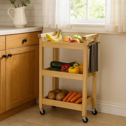 Slim Kitchen Rolling Cart – Three-Shelf Wooden Trolley with Metal Frame & Towel Bar