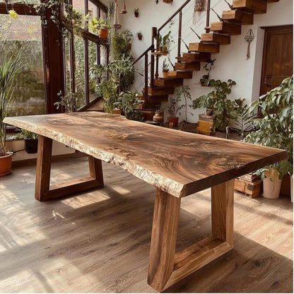 Custom Farmhouse Dining Table – Solid Sheesham Slab – Handmade Rustic Kitchen Table – Live Edge Furniture