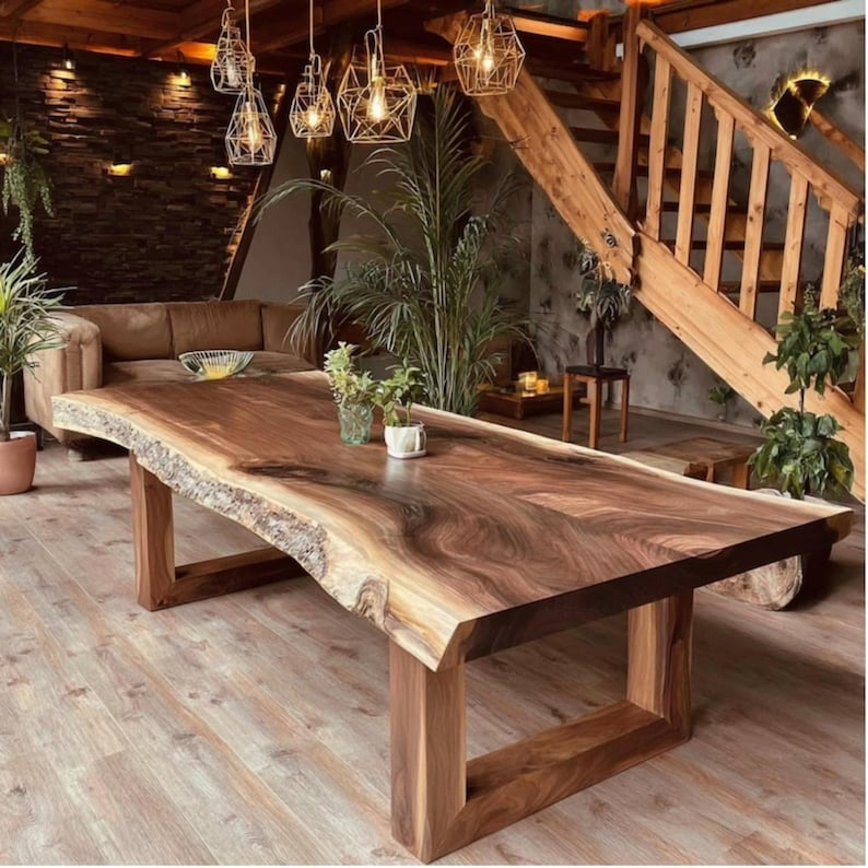 Custom Farmhouse Dining Table – Solid Sheesham Slab – Handmade Rustic Kitchen Table – Live Edge Furniture