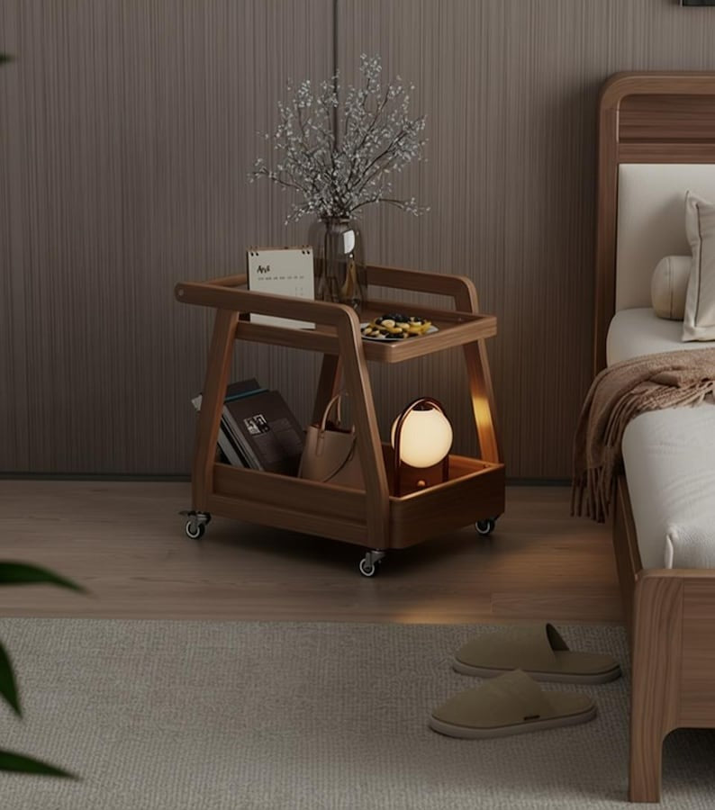 Solid Wood Rolling Cart with Wheels – 2-Tier Mobile Side Table & Coffee Trolley Storage