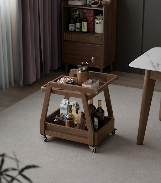 Solid Wood Rolling Cart with Wheels – 2-Tier Mobile Side Table & Coffee Trolley Storage