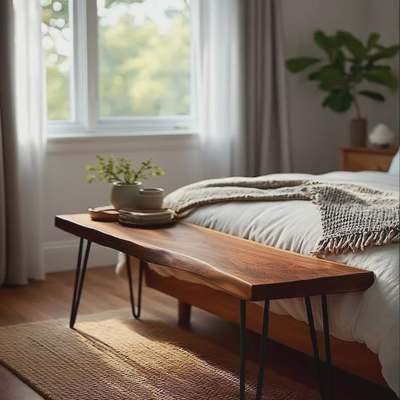 Handmade Live Edge Sheesham Bench – Solid Wood, Metal Legs