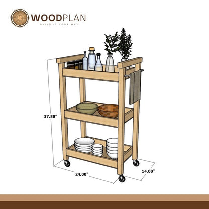 Slim Kitchen Rolling Cart – Three-Shelf Wooden Trolley with Metal Frame & Towel Bar