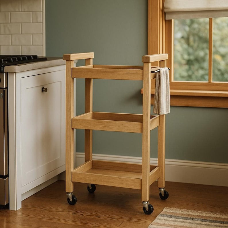 Slim Kitchen Rolling Cart – Three-Shelf Wooden Trolley with Metal Frame & Towel Bar