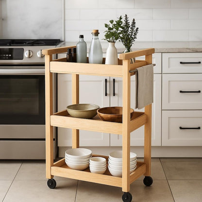 Slim Kitchen Rolling Cart – Three-Shelf Wooden Trolley with Metal Frame & Towel Bar