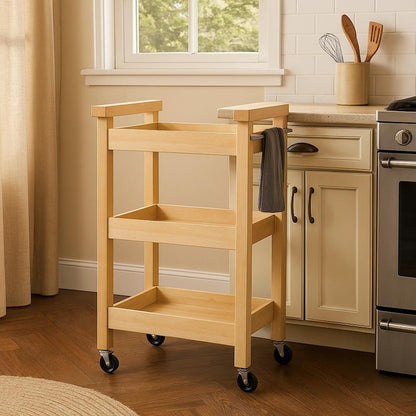 Slim Kitchen Rolling Cart – Three-Shelf Wooden Trolley with Metal Frame & Towel Bar