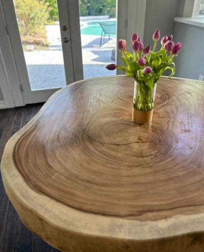 Live Edge Round Dining Table – Solid Sheesham Wood Pedestal Table – Rustic Breakfast Nook Table