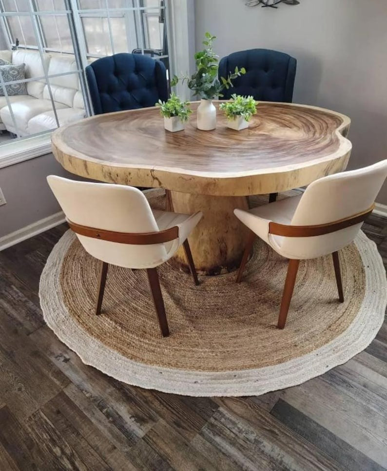 Live Edge Round Dining Table – Solid Sheesham Wood Pedestal Table – Rustic Breakfast Nook Table