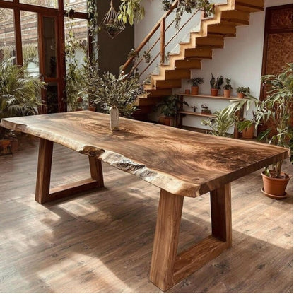 Custom Farmhouse Dining Table – Solid Sheesham Slab – Handmade Rustic Kitchen Table – Live Edge Furniture