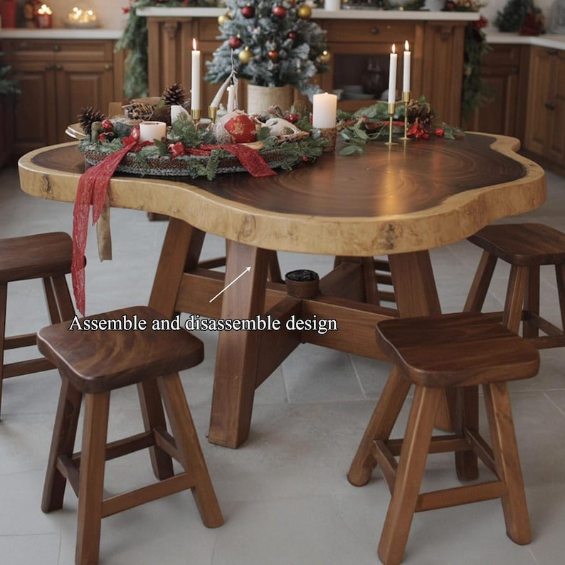 Live Edge Solid Wood Dining Table – Handcrafted Organic Sheesham Table, Rustic Modern Furniture