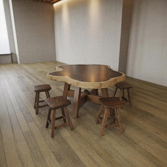 Live Edge Solid Wood Dining Table – Handcrafted Organic Sheesham Table, Rustic Modern Furniture