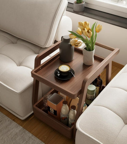 Solid Wood Rolling Cart with Wheels – 2-Tier Mobile Side Table & Coffee Trolley Storage