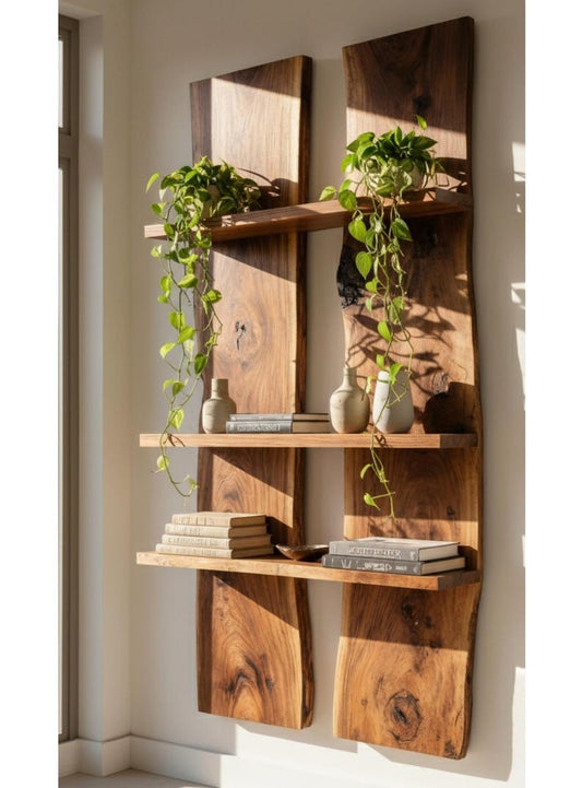 Live Edge Wall Shelf, Floating Wood Bookcase, Rustic Farmhouse Shelving Unit