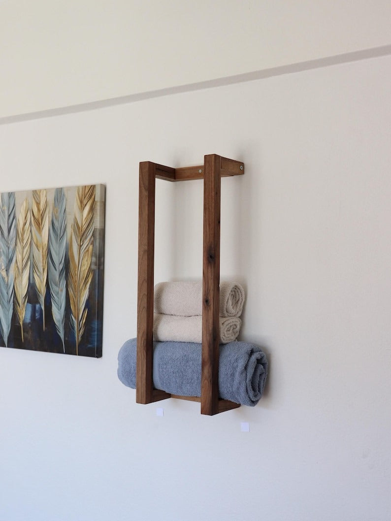 Handmade Wooden Towel Rack: Rustic Wall-Mounted Bathroom Decor