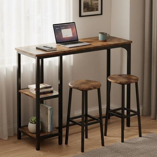 Industrial Bar Table Set with Stools Rustic Wood Finish Metal Frame Storage