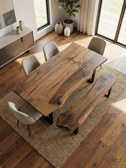Live Edge Sheesham Dining Table with Matching Bench, Solid Wood Slab Kitchen Table Set