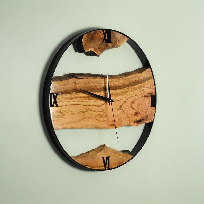 Solid Wood Wall Clock, Handmade Rustic Modern Timepiece, Natural Live Edge Home Decor