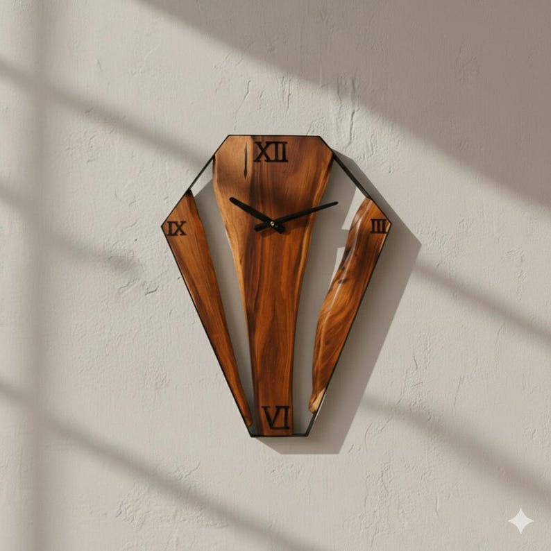 Live Edge Wood Wall Clock – Geometric Sheesham Wood, Rustic Home Decor