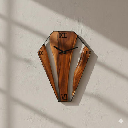 Live Edge Wood Wall Clock – Geometric Sheesham Wood, Rustic Home Decor