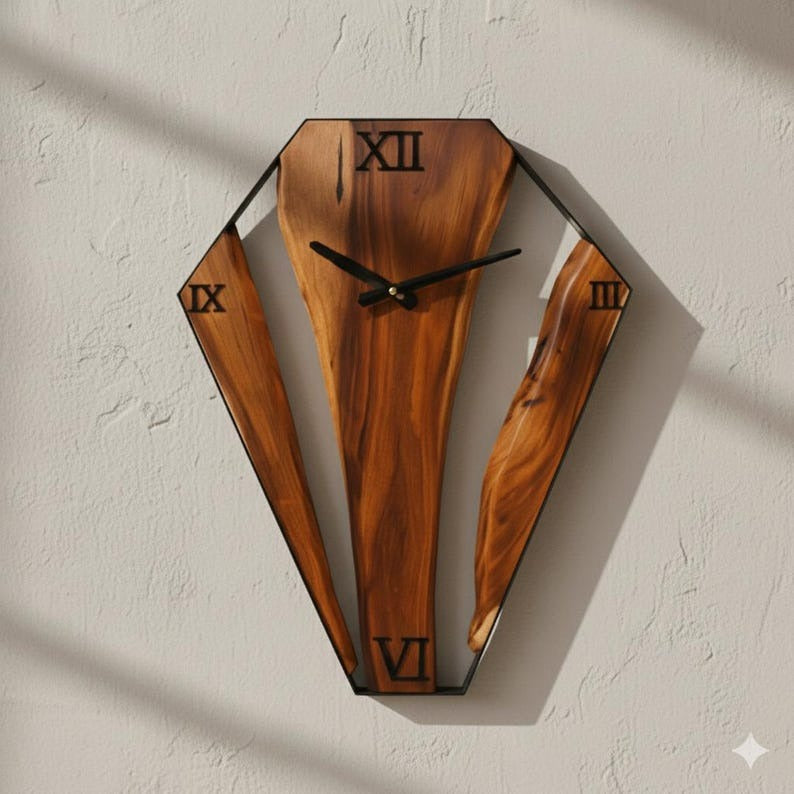 Live Edge Wood Wall Clock – Geometric Sheesham Wood, Rustic Home Decor