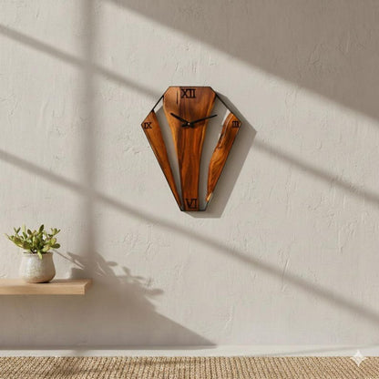 Live Edge Wood Wall Clock – Geometric Sheesham Wood, Rustic Home Decor